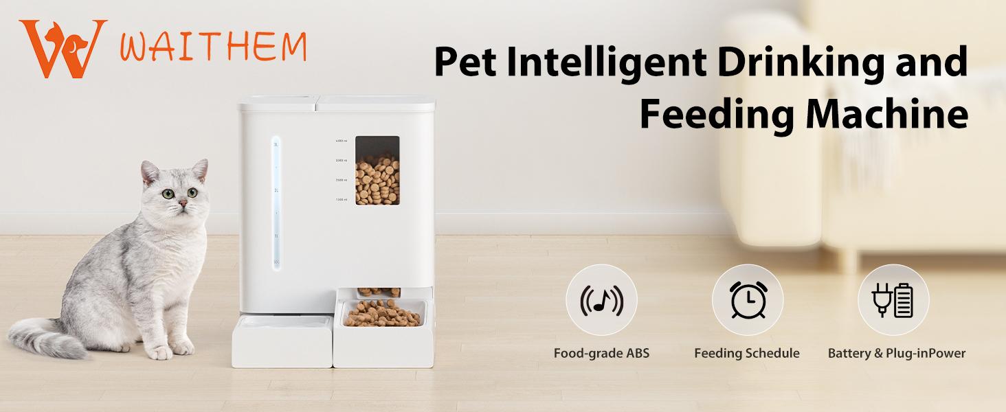 Waithem WiFi Automatic Pet Feeder & Waterer 2-in-1 Set App-Controlled, 2-Week Capacity, Detachable &Washable, Moisture-Proof