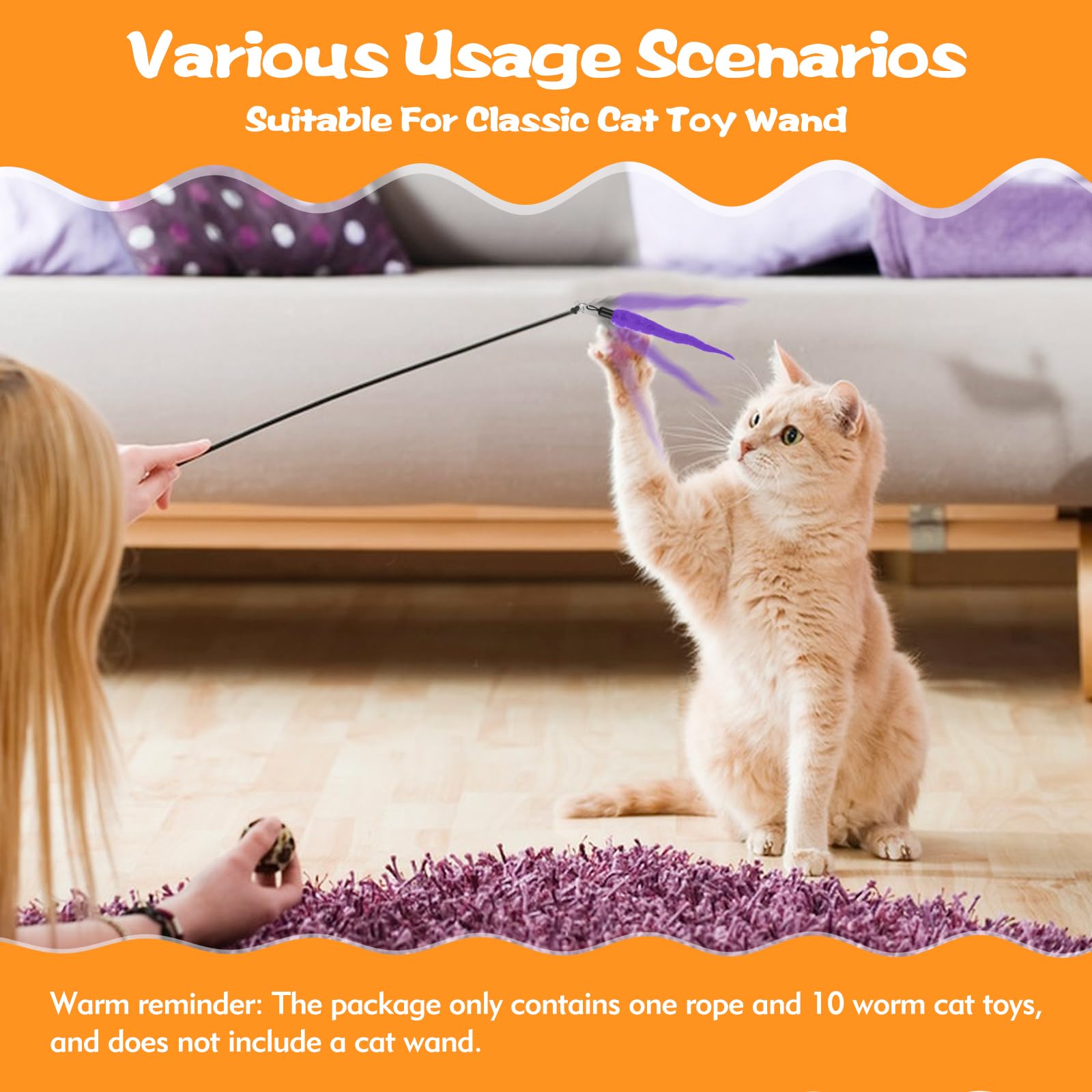 10PCS Cat Worm Toy, Cat Wand Attachment Fuzzy Worm Toys Refill With 1PCS Black String For Wand Replacement, Interactive Cats Kittens Toys For Indoor