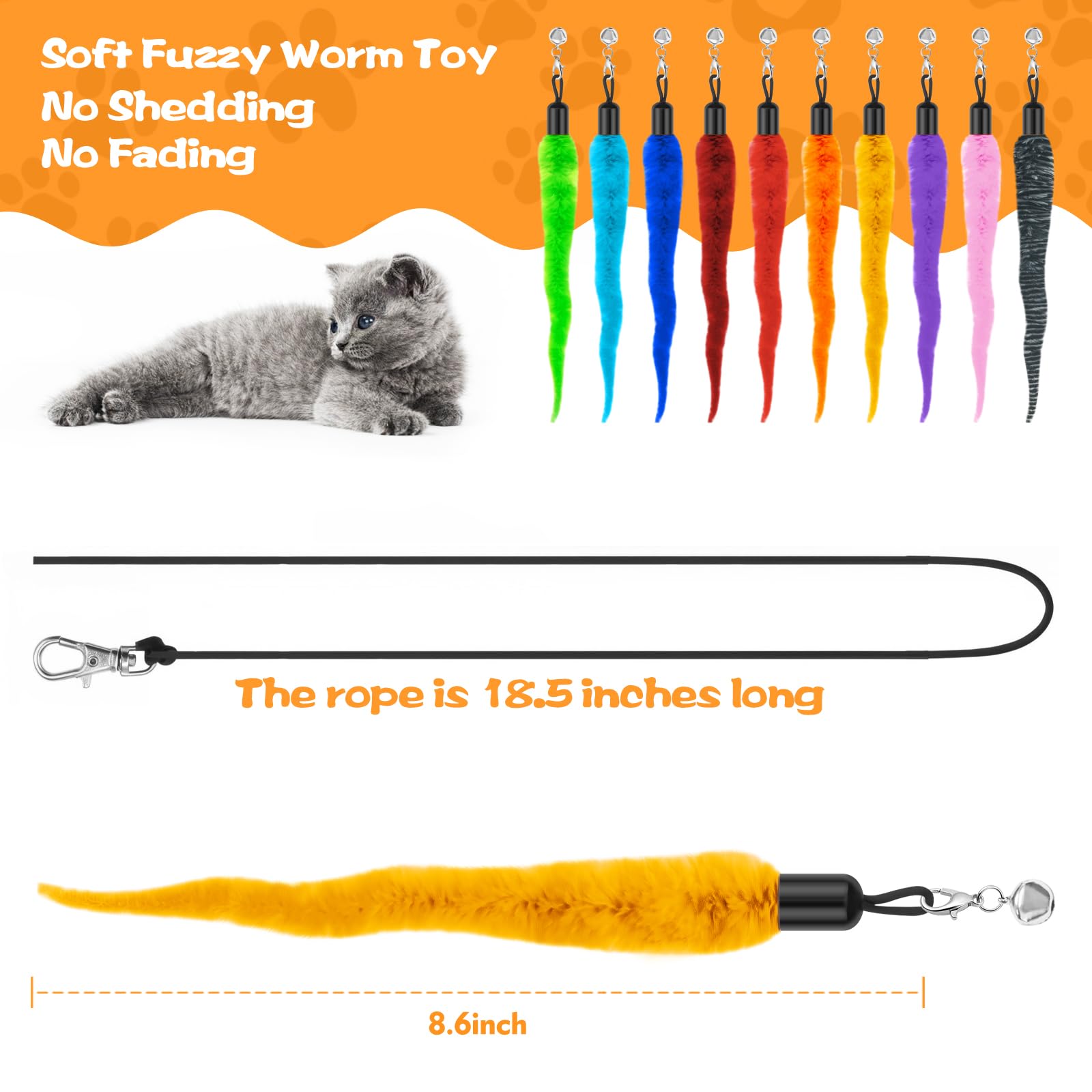 10PCS Cat Worm Toy, Cat Wand Attachment Fuzzy Worm Toys Refill With 1PCS Black String For Wand Replacement, Interactive Cats Kittens Toys For Indoor