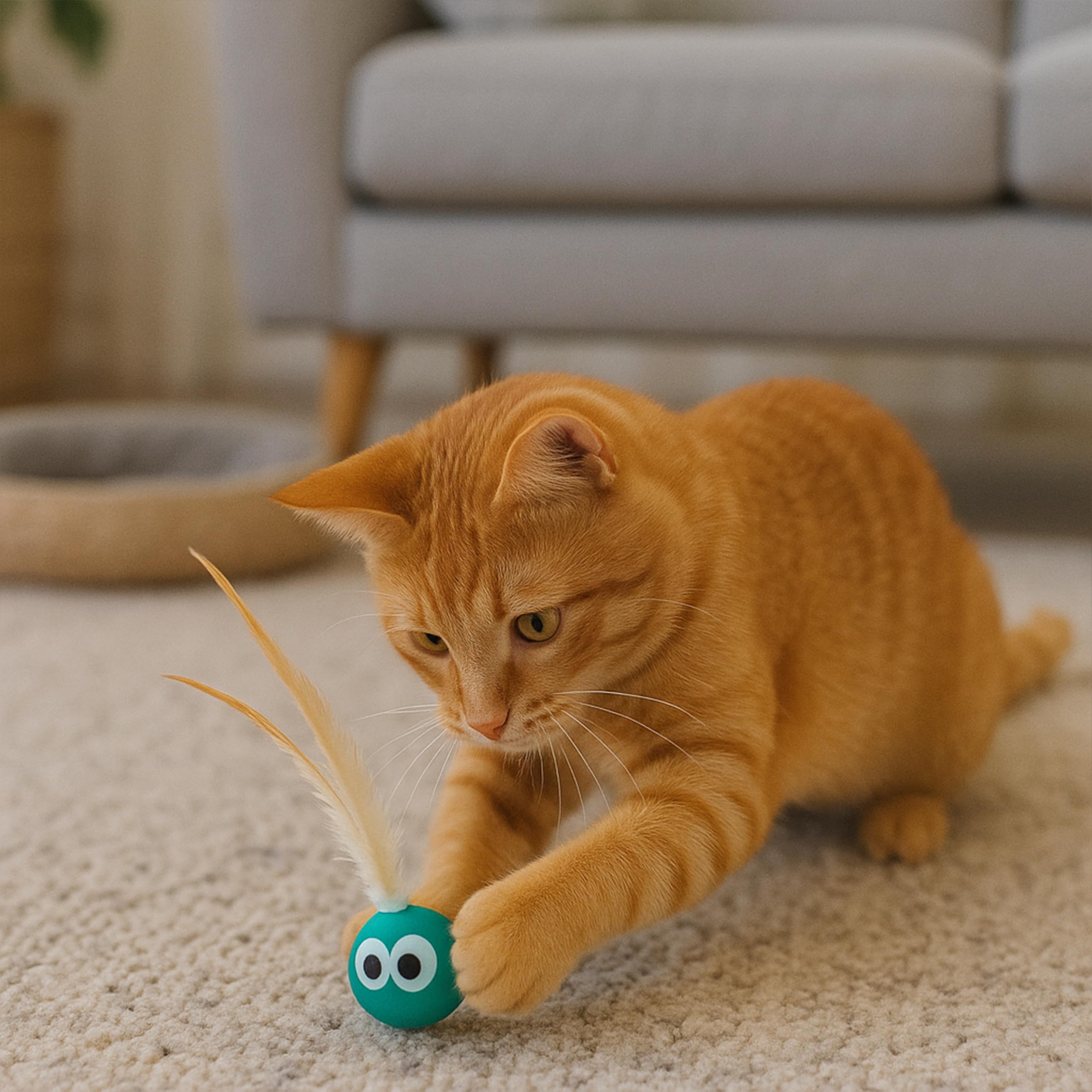 Bouncing Balls Cat Toy With Feather - Interactive Cat Bouncing Ball With Tail, Bouncing Cat Toy For Indoor Cats & Playful Kittens, Soft Colorful Feathers, 4 Count Pack