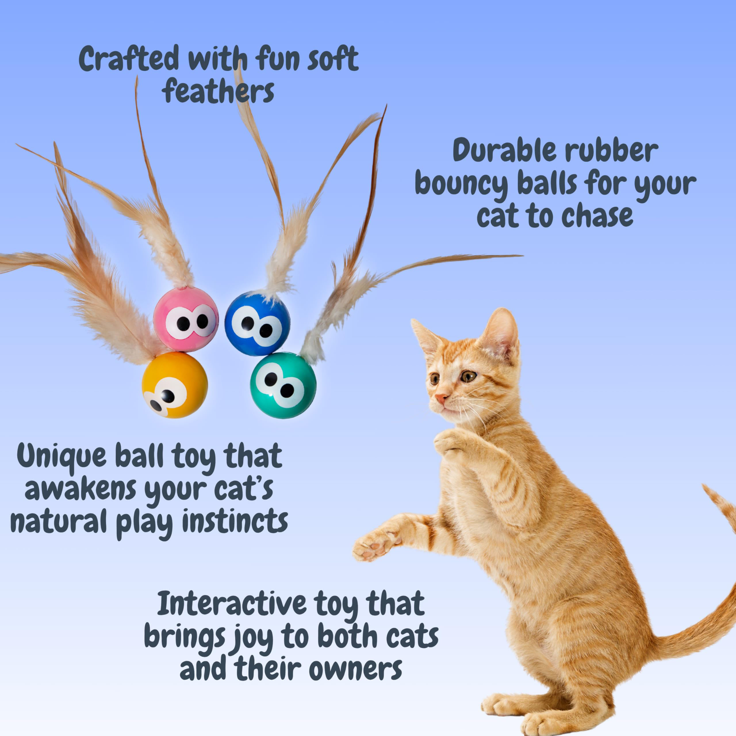 Bouncing Balls Cat Toy With Feather - Interactive Cat Bouncing Ball With Tail, Bouncing Cat Toy For Indoor Cats & Playful Kittens, Soft Colorful Feathers, 4 Count Pack