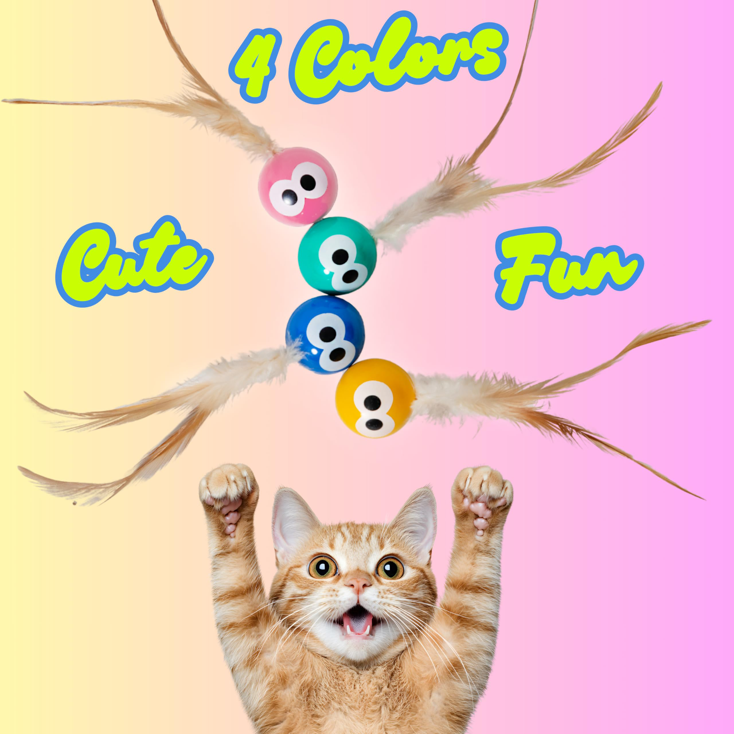 Bouncing Balls Cat Toy With Feather - Interactive Cat Bouncing Ball With Tail, Bouncing Cat Toy For Indoor Cats & Playful Kittens, Soft Colorful Feathers, 4 Count Pack