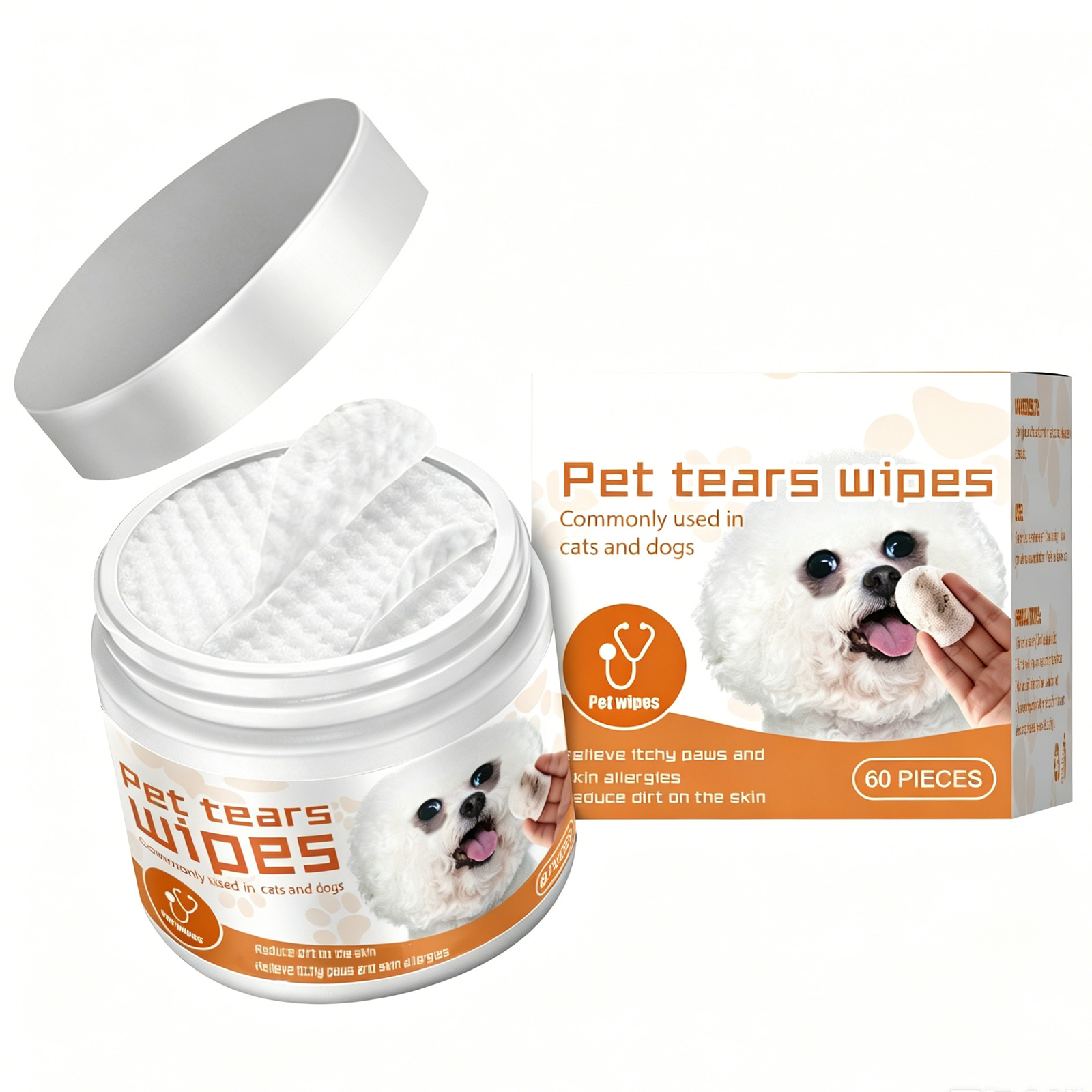Pet Tear Stain Wipes For Dogs & Cats, Natural Aloe & Chamomile Extract Gentle Eye Cleaning Wipes, Hypoallergenic Non-Irritating 60 Count
