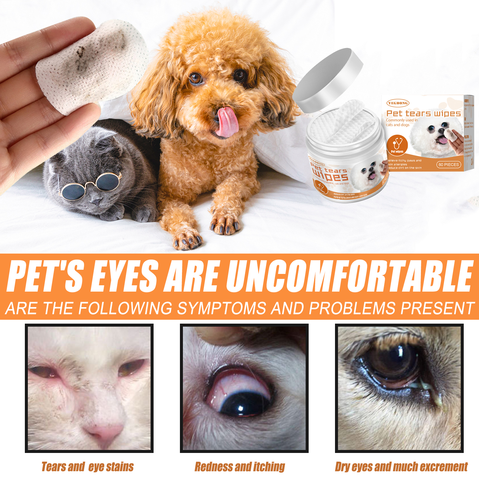 Pet Tear Stain Wipes For Dogs & Cats, Natural Aloe & Chamomile Extract Gentle Eye Cleaning Wipes, Hypoallergenic Non-Irritating 60 Count