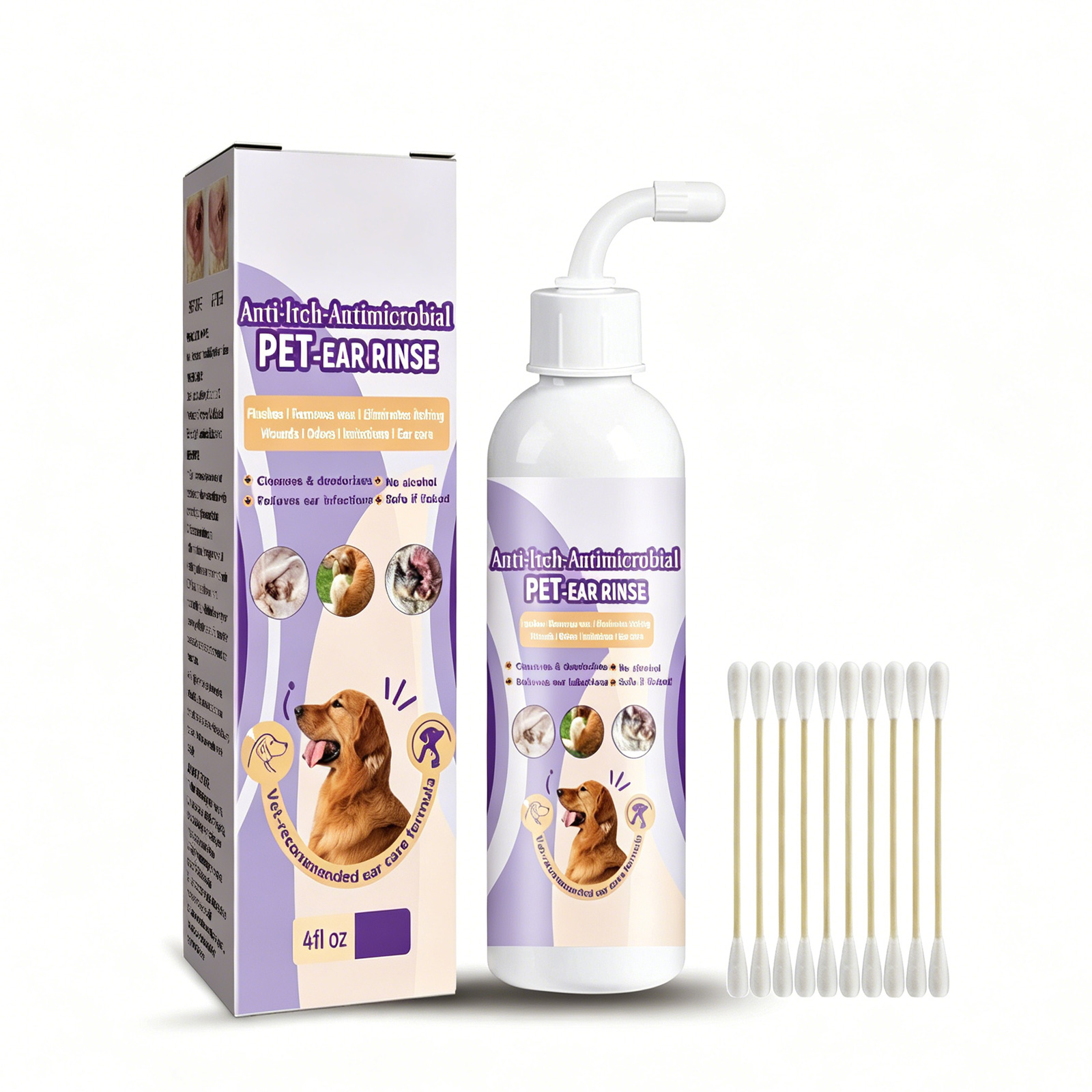 118ml Pet Ear Rinse Cleaner With Glycerin & Disodium EDTA, Anti-Itch Antimicrobial Ear Wash For Dogs Cats, Alcohol-Free Gentle Ear Cleanser With Cotton Swabs