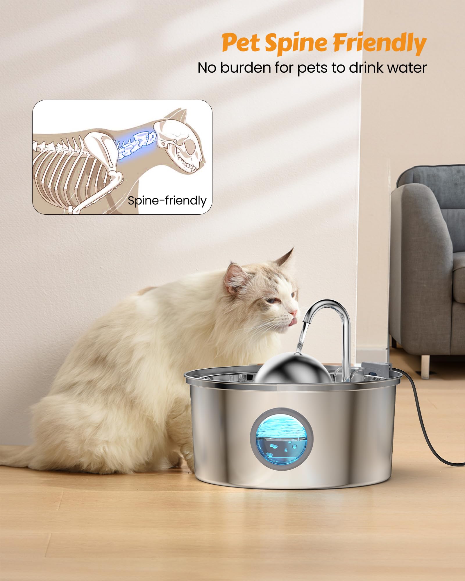 At Water Fountain Stainless Steel, 108oz 3.2L Cat Fountain, Pet Water Fountain With Water Level Window, Hemispherical Shape, Multi-Filter, Silent Pump, Water Tap, Provides Flowing Water