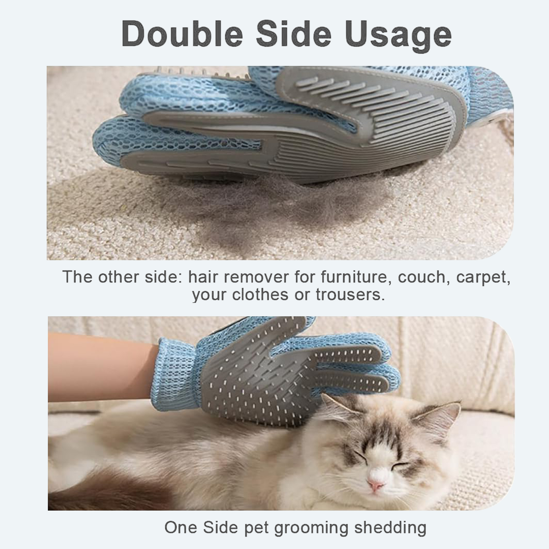 2in1 Double Sided Pet Grooming Glove, Deshedding Massage Brush Mitt For Cats & Dogs, Remove Loose Fur On Pets & Furniture, Easy Clean