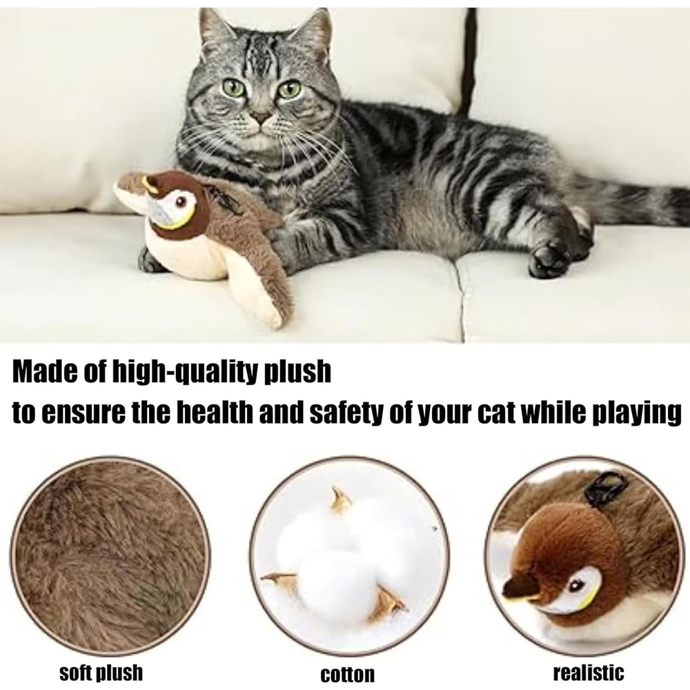USB Rechargeable Flapping Bird Cat Toy, Realistic Chirping White Faced Sparrow Plush Toy, Motion Activated Electronic Interactive Pet Toy For Indoor Cats Exercise