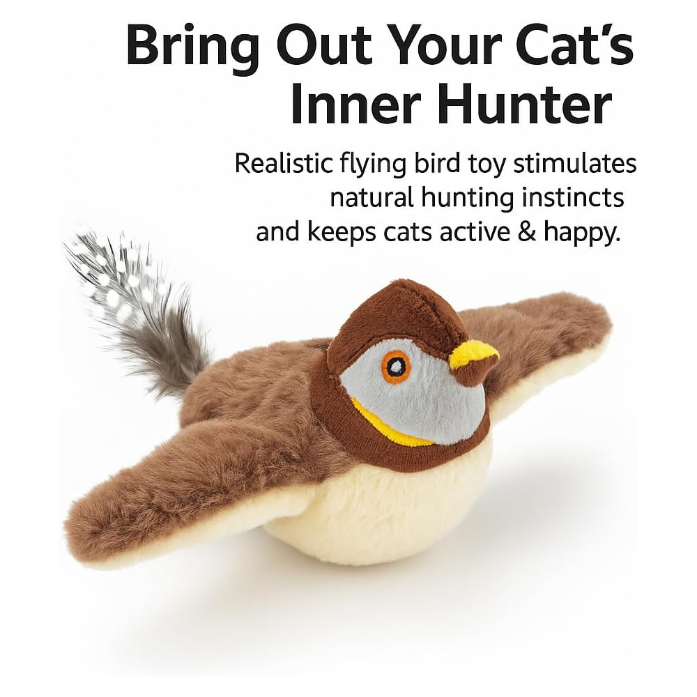 USB Rechargeable Flapping Bird Cat Toy, Realistic Chirping White Faced Sparrow Plush Toy, Motion Activated Electronic Interactive Pet Toy For Indoor Cats Exercise