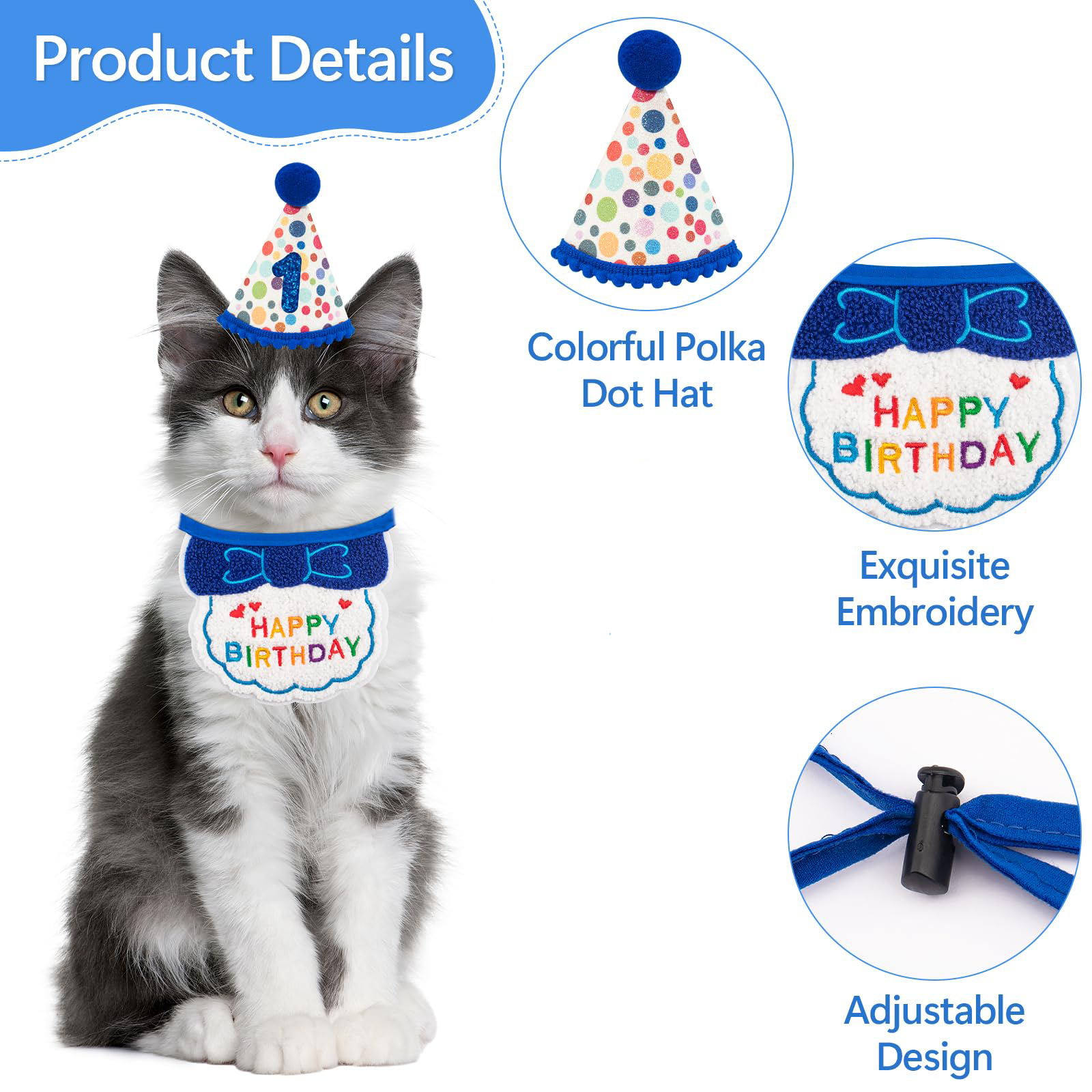 Cat Birthday Party Supplies, Blue Cat Kitten Birthday Bandana With Number Hat, Cat Birthday Decorations Banner Boy, Pet Birthday Outfits For Cats Kitten Apparel Decorations