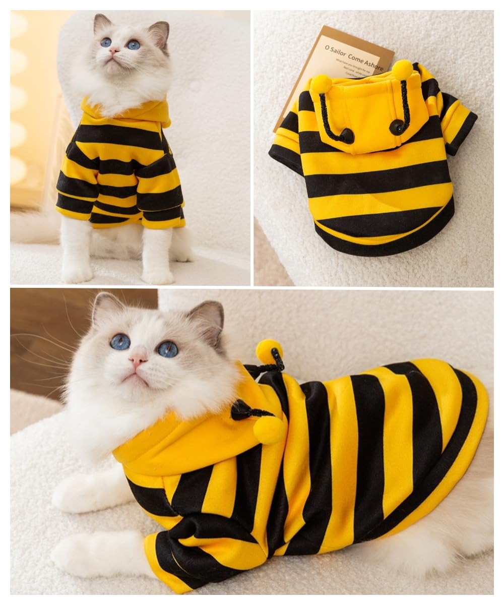Cute Cat Bee Costume - Pet Halloween Apparel Bumble Bee Cosplay Clothes Antennae, Soft Warm Fleece Hoodie For Cats, Kittens, And Small Dogs, Perfect For Festival Party And Photo Shoot