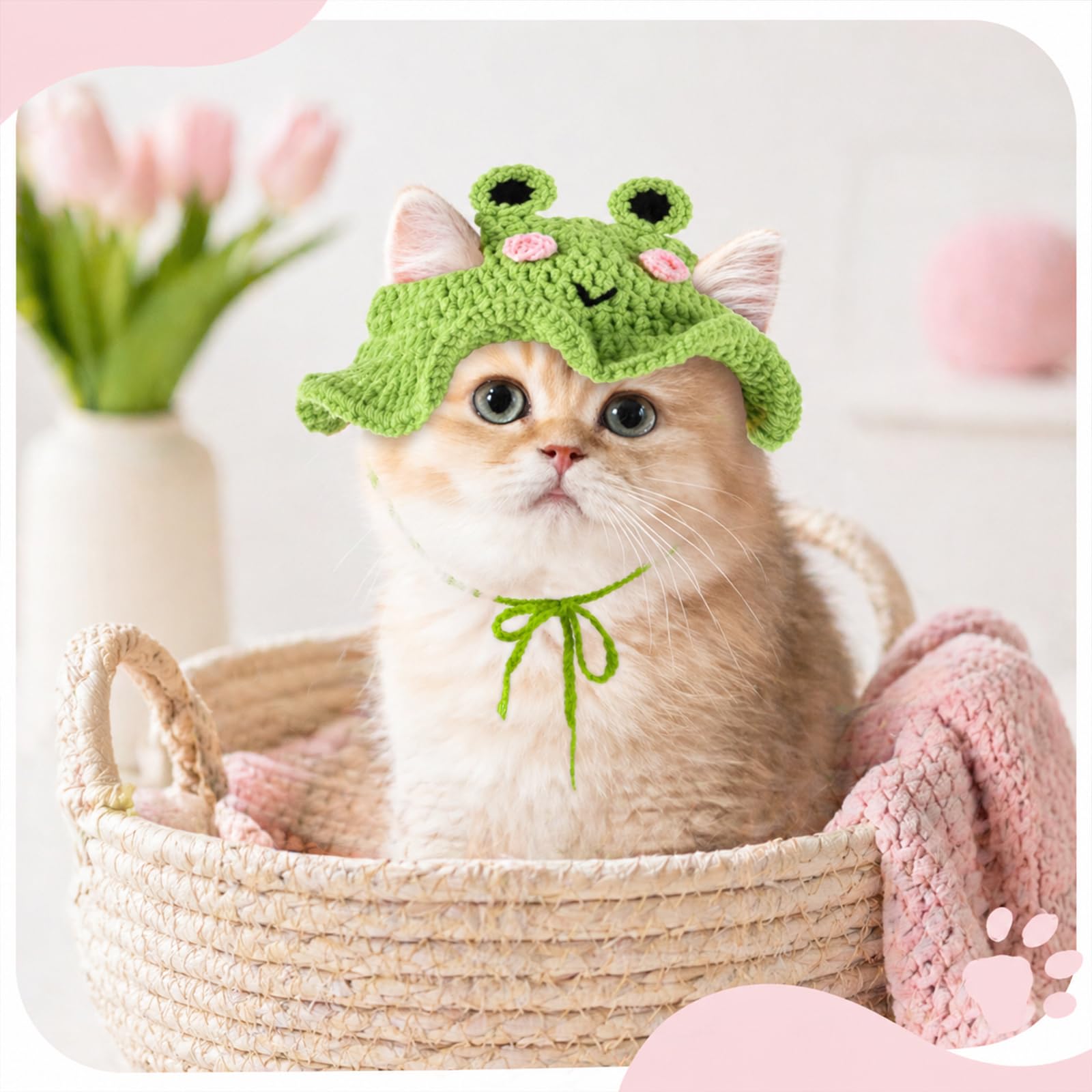 2Pcs Crochet Cat Hats Knit Cat Hat Strawberry And Frog Hat Cute Knit Cat, Soft, With Adjustable Cord, Handmade Crochet Cats Clothes, For Puppy Kitten, Christmas Party Costume Accessory