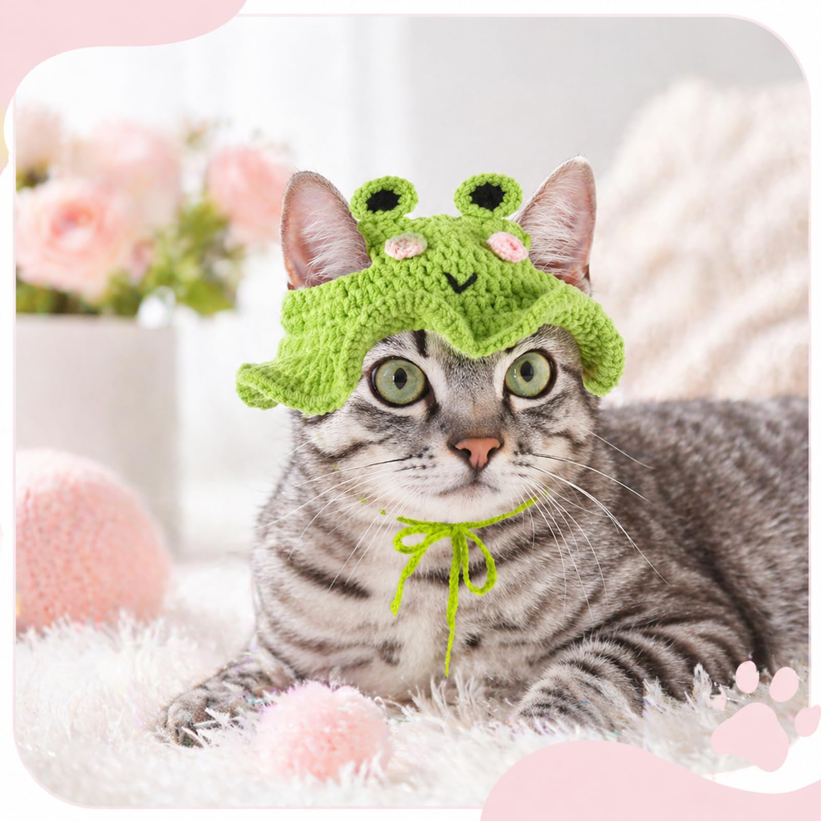 2Pcs Crochet Cat Hats Knit Cat Hat Strawberry And Frog Hat Cute Knit Cat, Soft, With Adjustable Cord, Handmade Crochet Cats Clothes, For Puppy Kitten, Christmas Party Costume Accessory