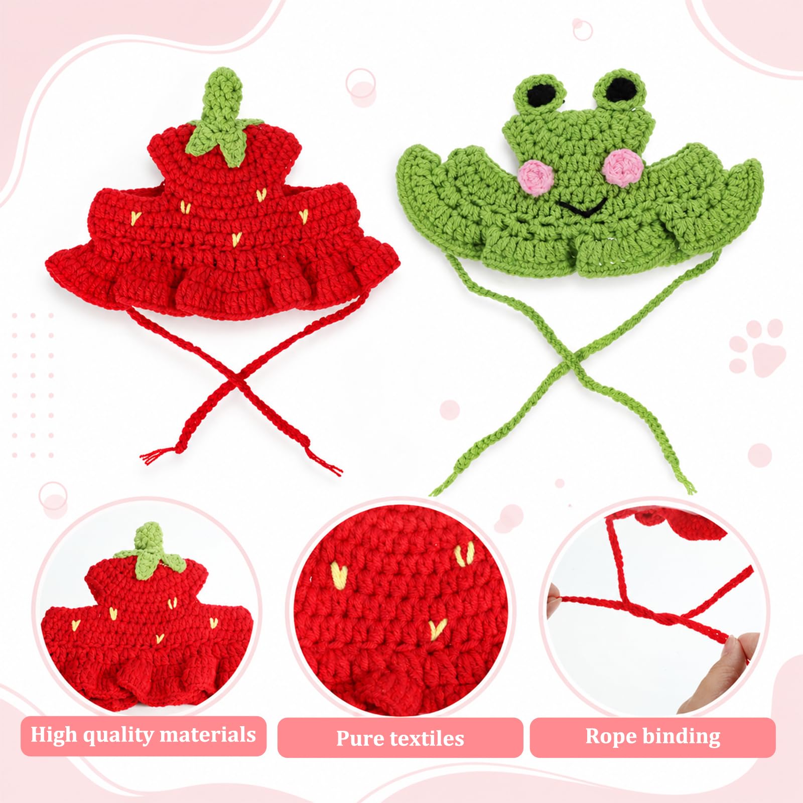 2Pcs Crochet Cat Hats Knit Cat Hat Strawberry And Frog Hat Cute Knit Cat, Soft, With Adjustable Cord, Handmade Crochet Cats Clothes, For Puppy Kitten, Christmas Party Costume Accessory