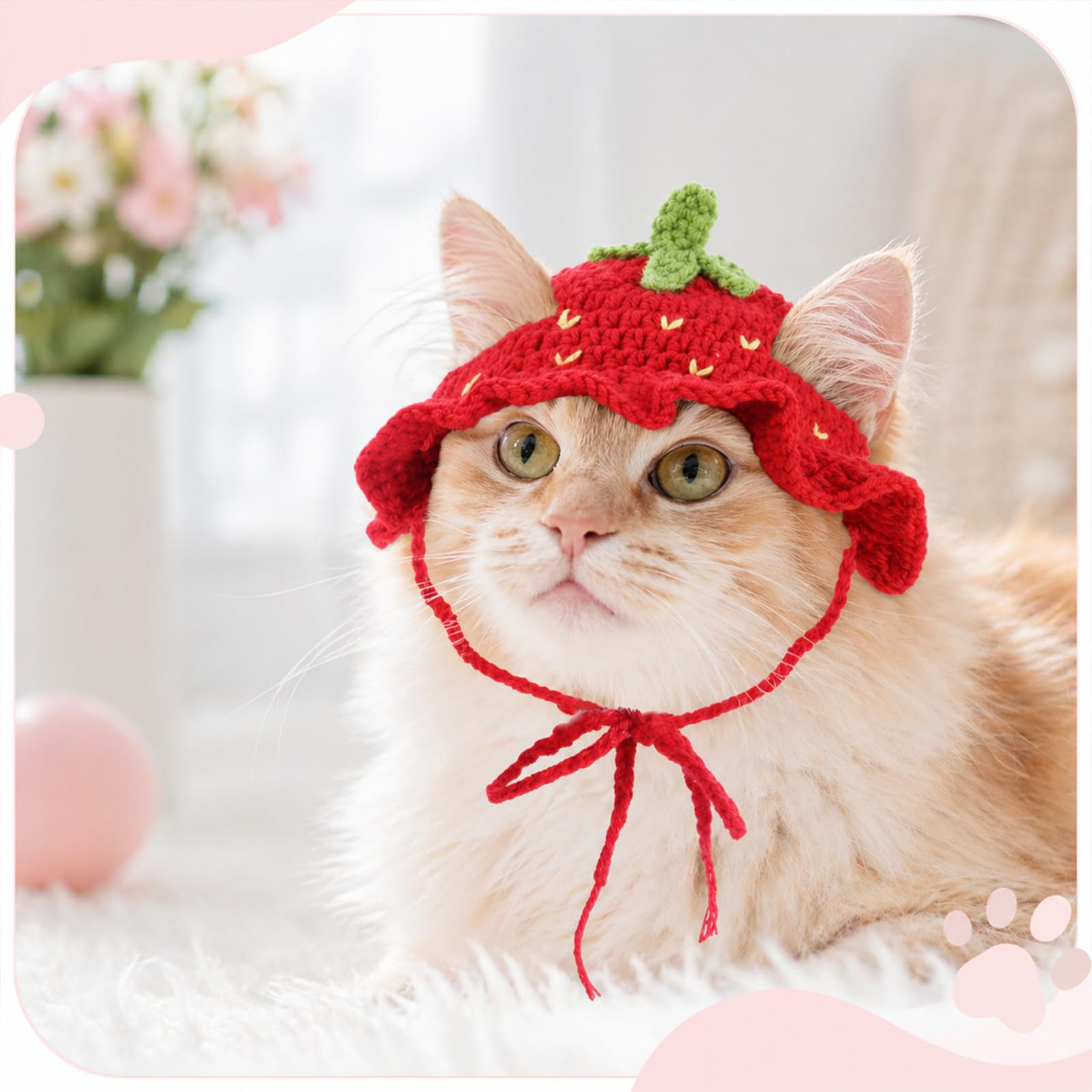2Pcs Crochet Cat Hats Knit Cat Hat Strawberry And Frog Hat Cute Knit Cat, Soft, With Adjustable Cord, Handmade Crochet Cats Clothes, For Puppy Kitten, Christmas Party Costume Accessory