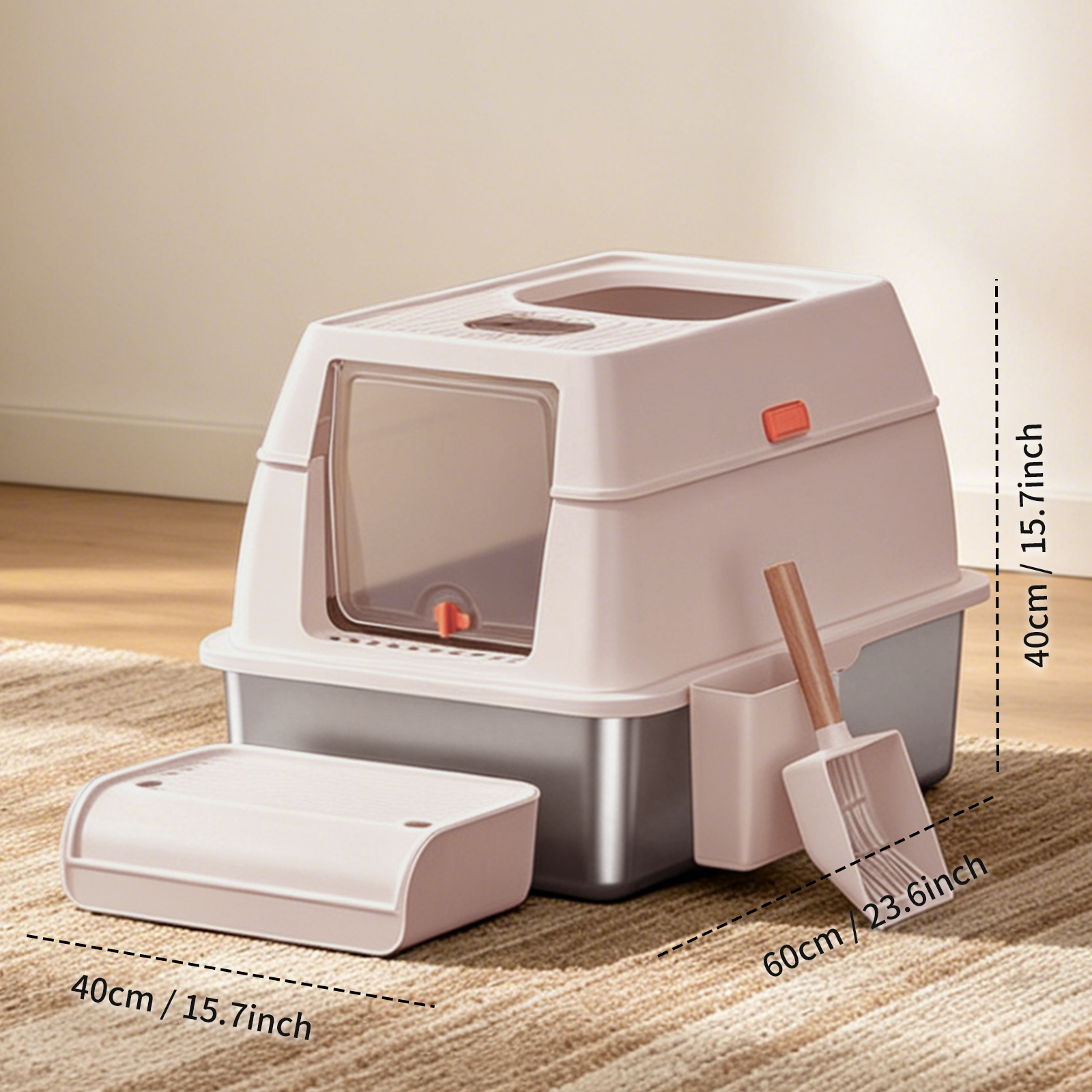 Dual Entry Cat Litter Box Stainless Steel Anti-Splashing Kitty Litter Pan With Scoop & Pedal