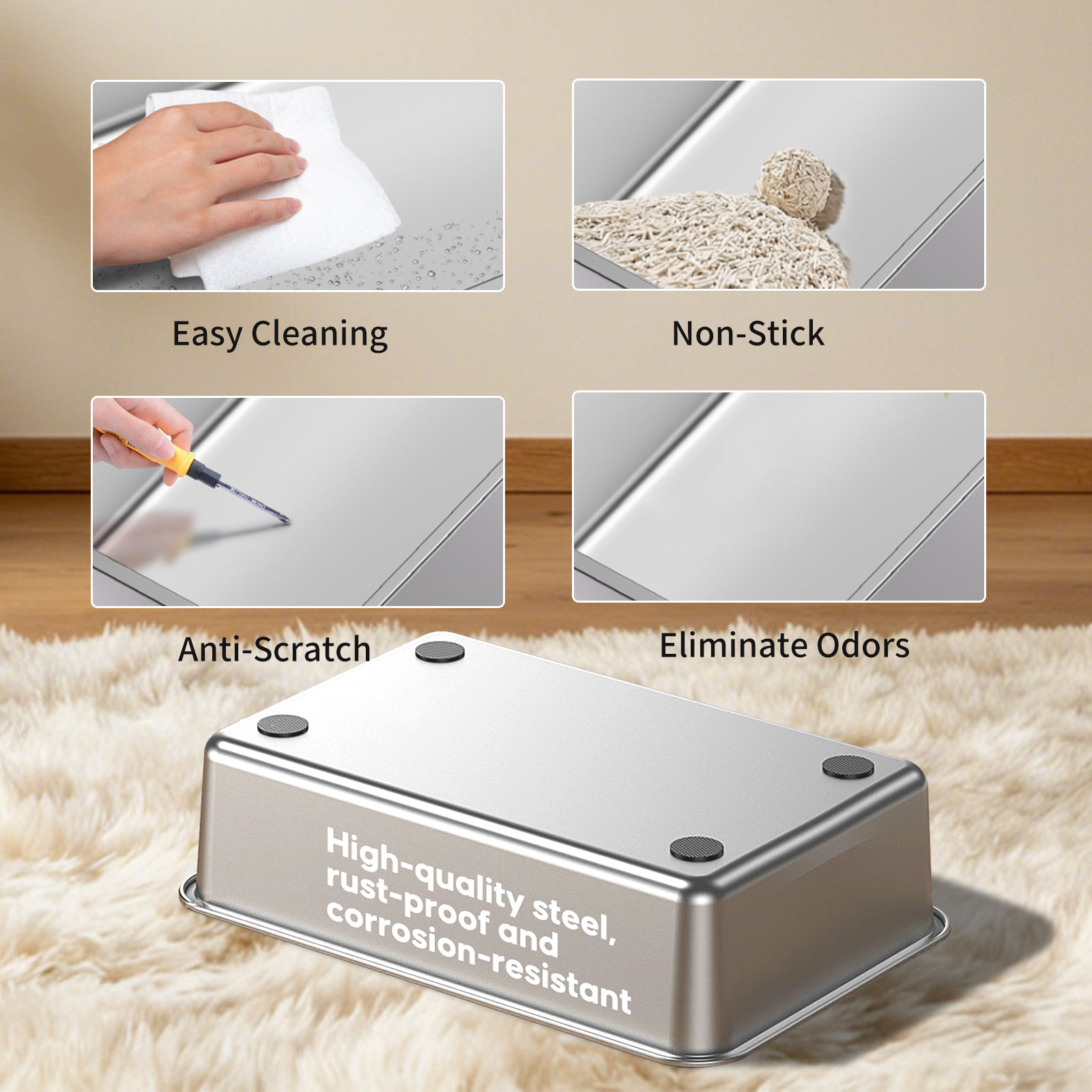 Dual Entry Cat Litter Box Stainless Steel Anti-Splashing Kitty Litter Pan With Scoop & Pedal