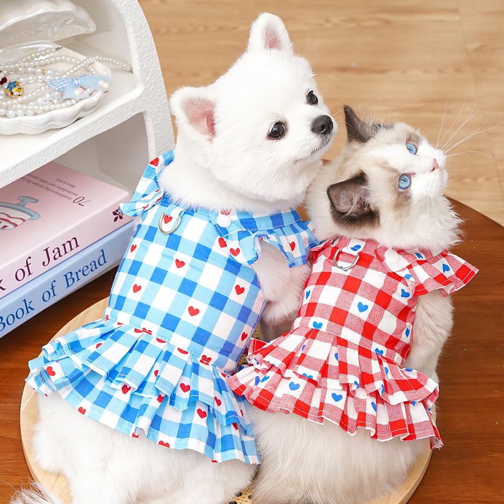 Red Plaid Small Dog Dress Girl Spring Cat Clothes With Heart Pattern Summer Pet Dresses For Dogs Cats Cute Puppy Outfit For Small Dog With Leash Ring