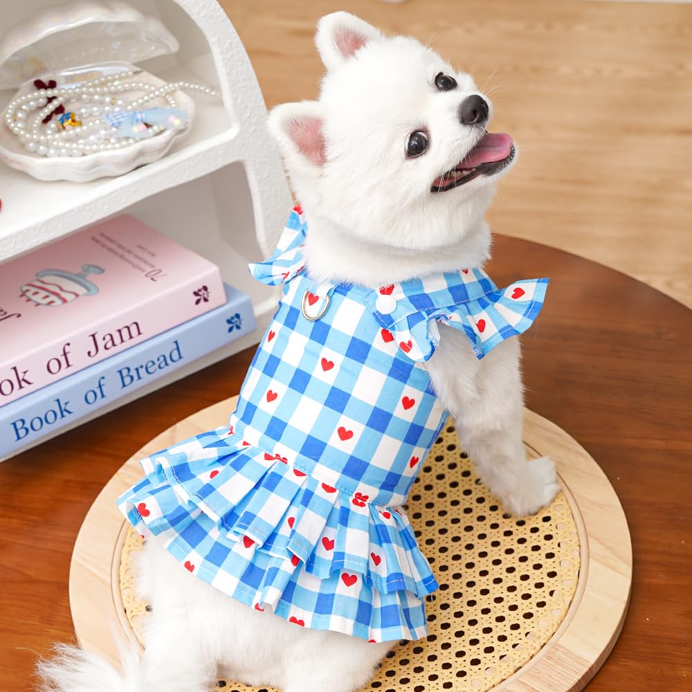 Red Plaid Small Dog Dress Girl Spring Cat Clothes With Heart Pattern Summer Pet Dresses For Dogs Cats Cute Puppy Outfit For Small Dog With Leash Ring
