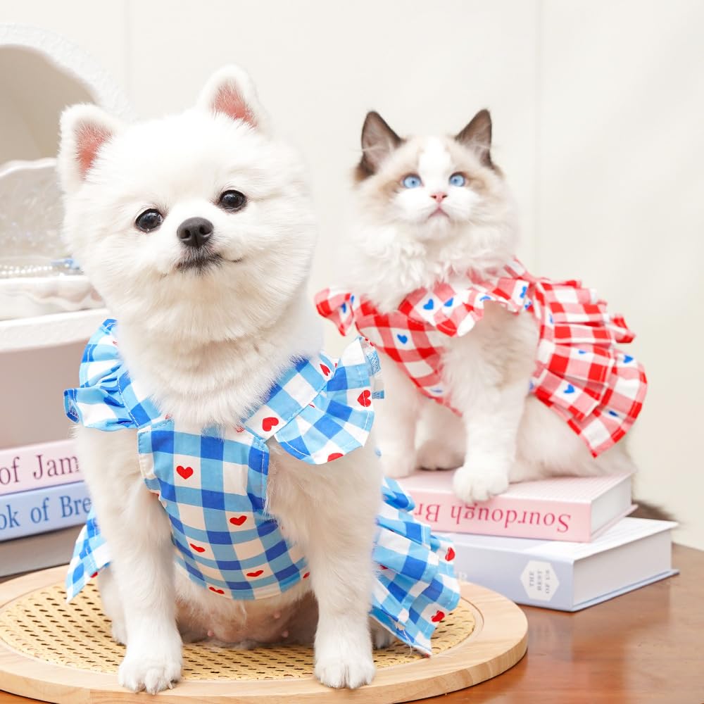 Red Plaid Small Dog Dress Girl Spring Cat Clothes With Heart Pattern Summer Pet Dresses For Dogs Cats Cute Puppy Outfit For Small Dog With Leash Ring