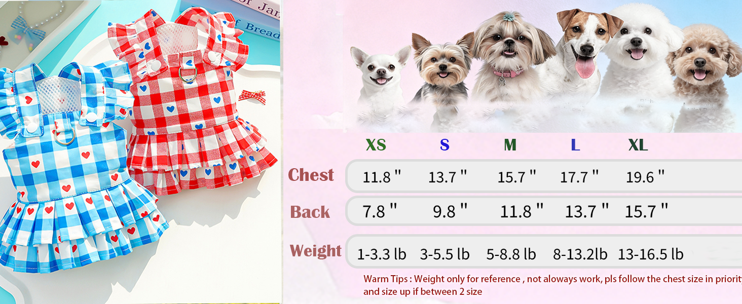 Red Plaid Small Dog Dress Girl Spring Cat Clothes With Heart Pattern Summer Pet Dresses For Dogs Cats Cute Puppy Outfit For Small Dog With Leash Ring
