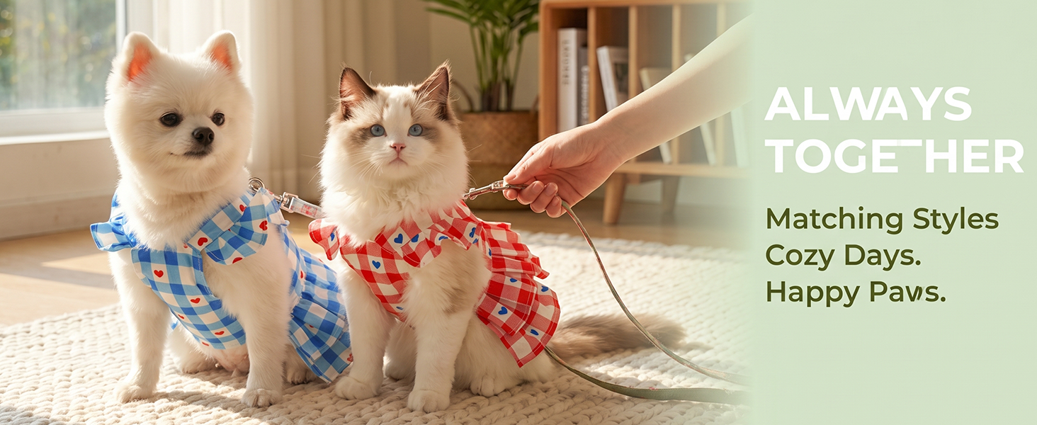 Red Plaid Small Dog Dress Girl Spring Cat Clothes With Heart Pattern Summer Pet Dresses For Dogs Cats Cute Puppy Outfit For Small Dog With Leash Ring