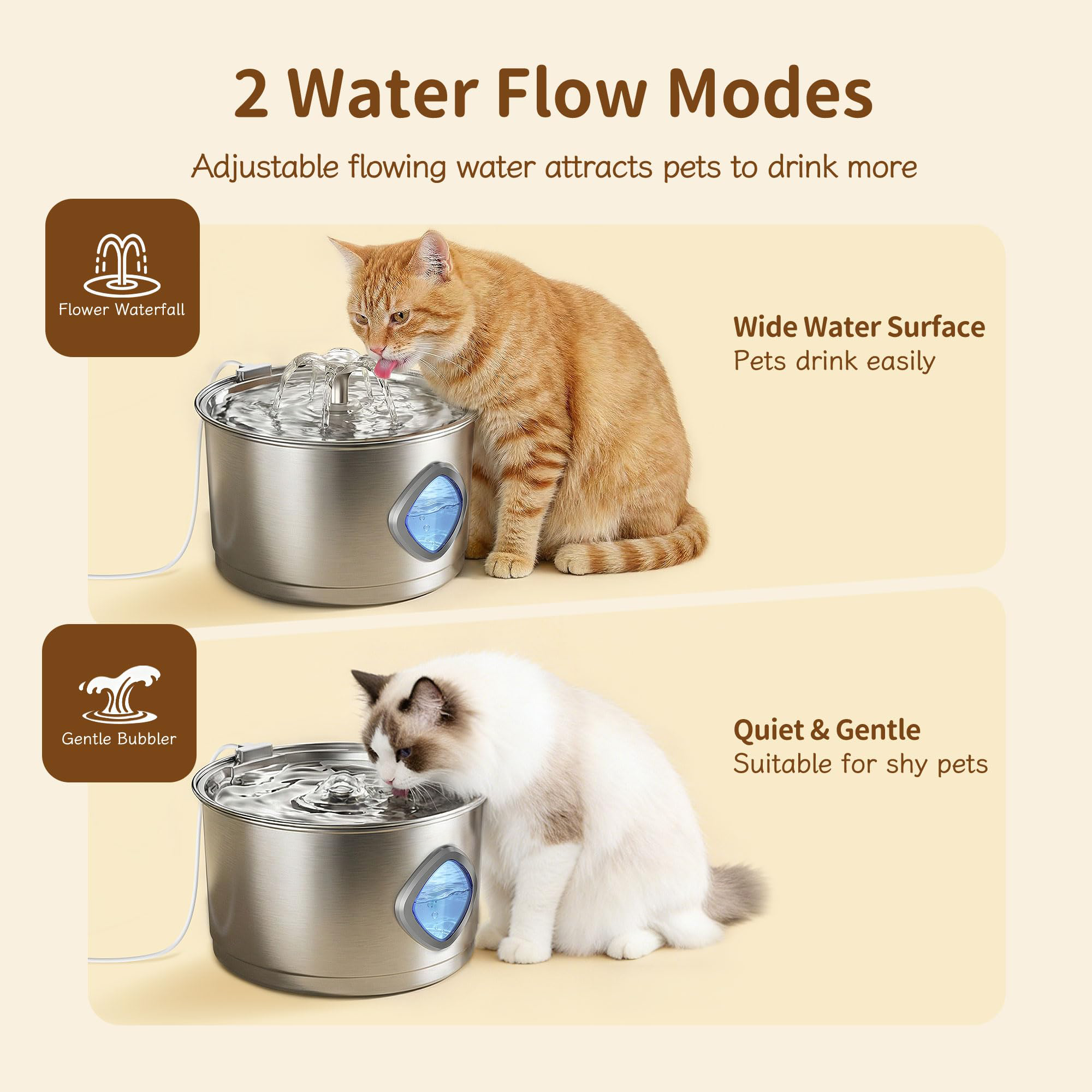 Cat Water Fountain Stainless Steel, 3.2L Automatic Quiet Drinking Fountain With 2 Filters 2 Sponges Water Level Window Gifts For Kitty Small Pets Indoor