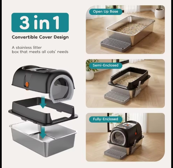 Stainless Steel Enclosed Cat Litter Box With Hood And Scoop
