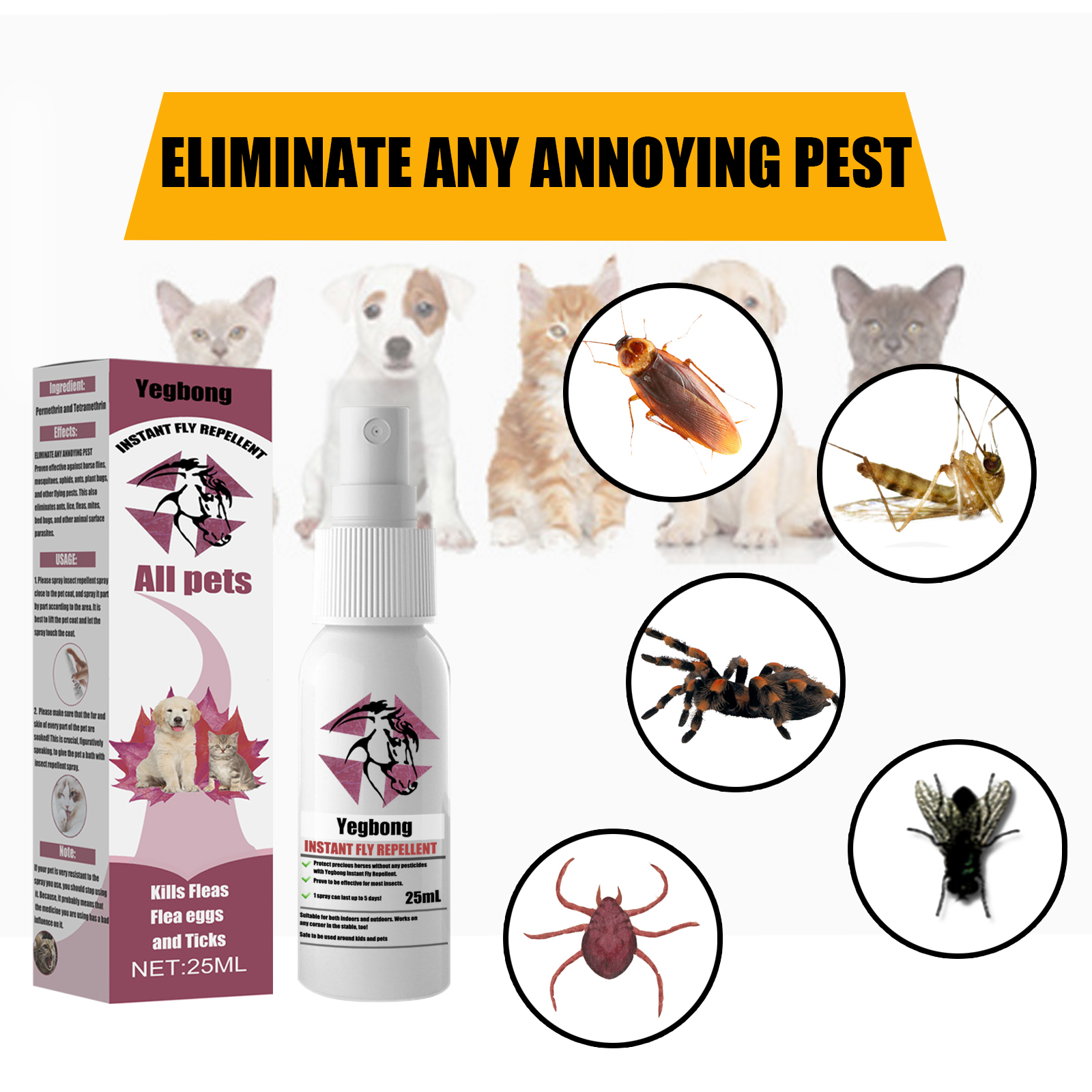 Pet Instant Fly & Pest Repellent Spray 25ml, Kills Fleas, Ticks, Flea Eggs, Safe For Dogs, Cats & Horses