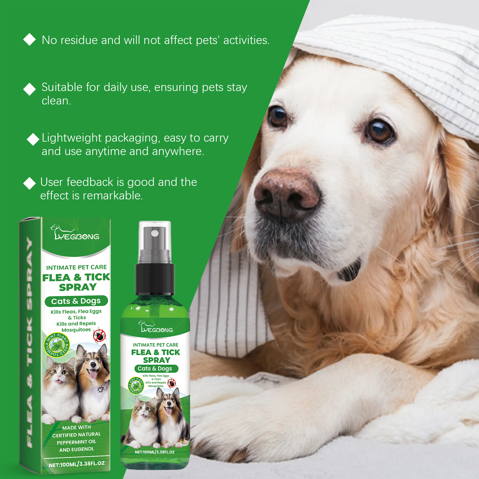 Natural Flea & Tick Spray For Dogs & Cats, Plant-Based Pest Repellent Kills Fleas, Ticks, Lice & Mites