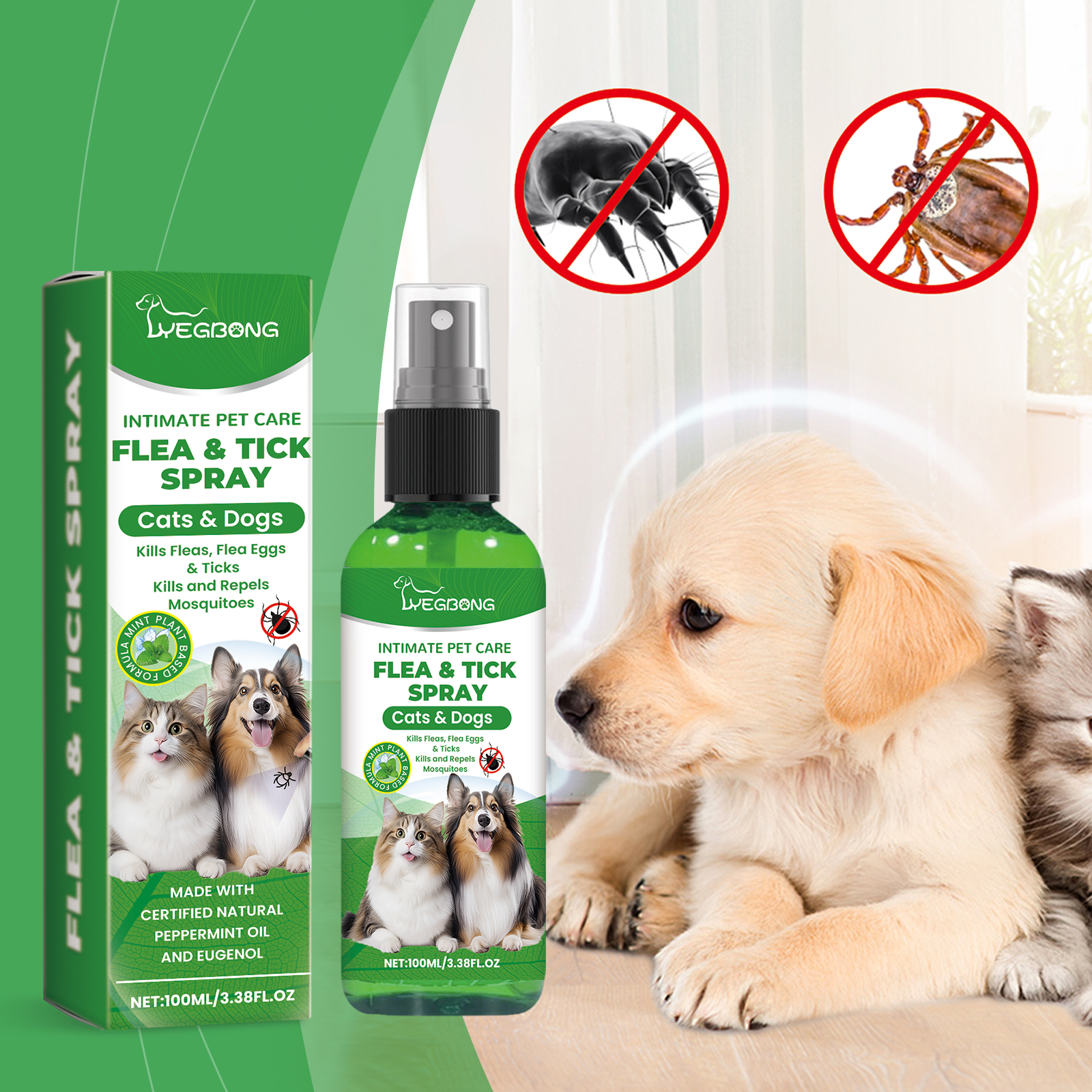 Natural Flea & Tick Spray For Dogs & Cats, Plant-Based Pest Repellent Kills Fleas, Ticks, Lice & Mites