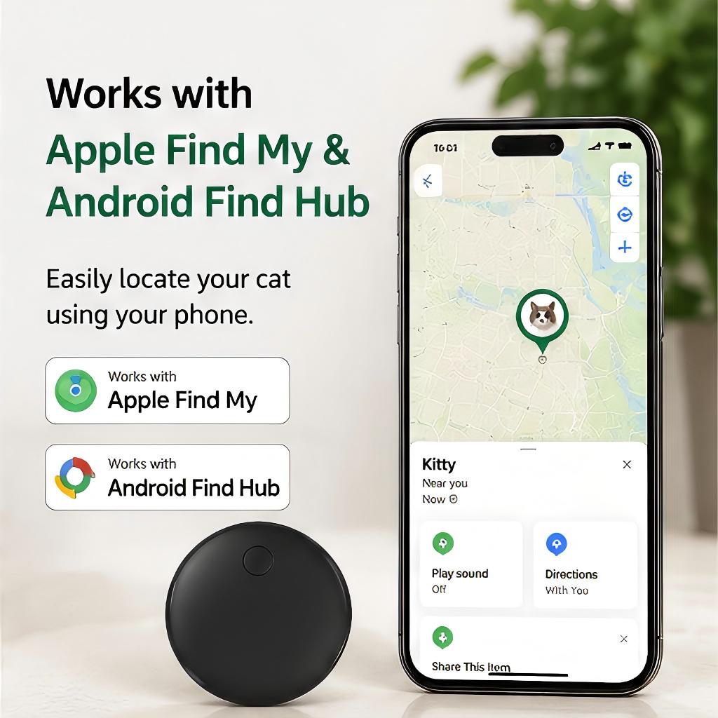 Cat GPS Tracker For Find My & Android Find Hub, Bluetooth Pet Locator Tag, No Monthly Fee, Waterproof Anti-Lost Tracker For Cats & Small Pets