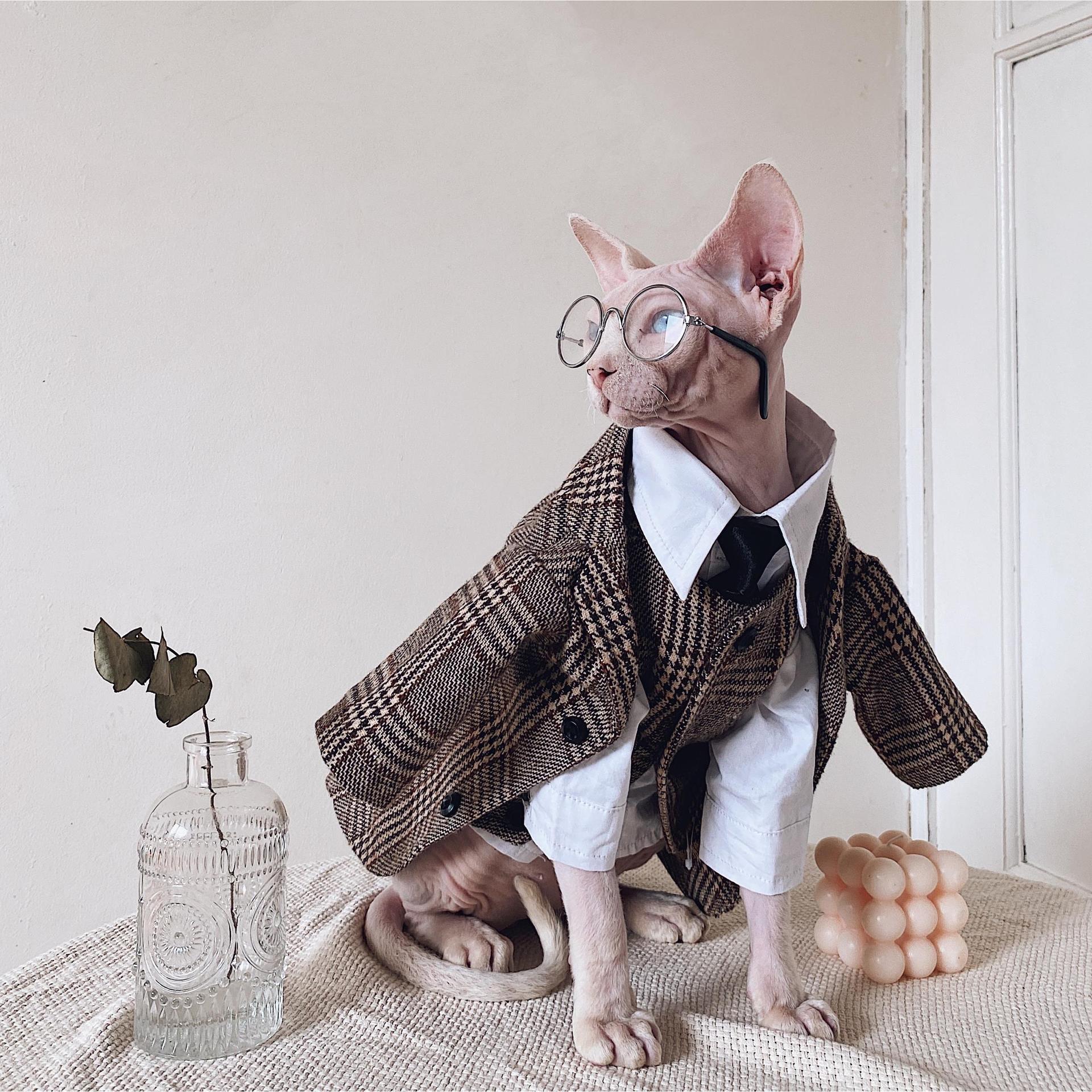 Sphynx Cat Dress Shirt Tie Vest Blazer Set For Hairless Cats