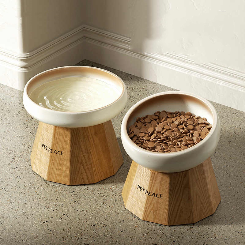 Portable Home Ceramic-Clad Solid Wood Cat Bowl
