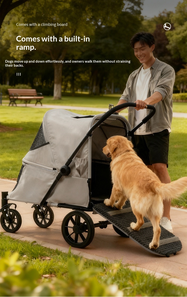 Foldable Covered Pet Stroller With Ramp For Senior Cats And Small Dogs With Mobility Issues